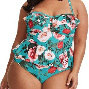 Womens Plus Size Swimwear Peplum Tankini Tummy Control 2 Piece 3X Floral Retro